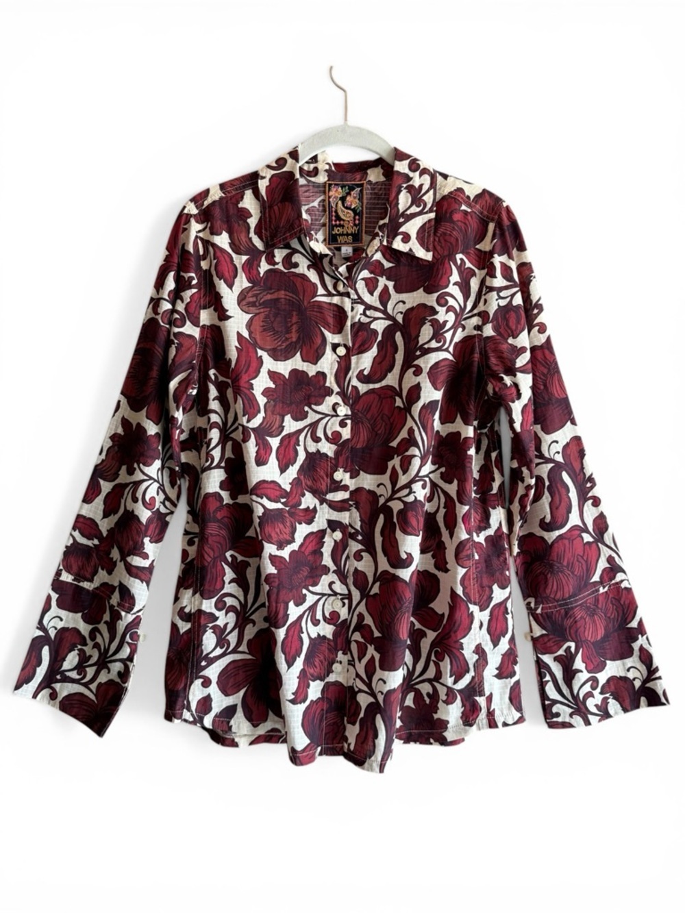 Johnny Was Floral Shirt Button Front Burgundy Cream Boho Western Womens S